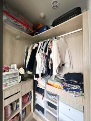 Organized closet with hanging clothes and storage boxes