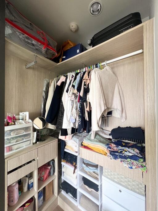 Organized closet with hanging clothes and storage boxes