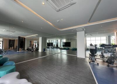 Spacious and well-equipped gym with modern fitness machines and mirrored walls