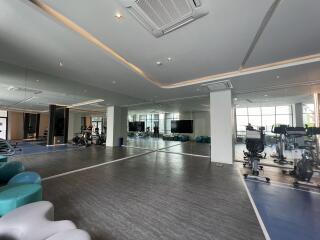 Spacious and well-equipped gym with modern fitness machines and mirrored walls