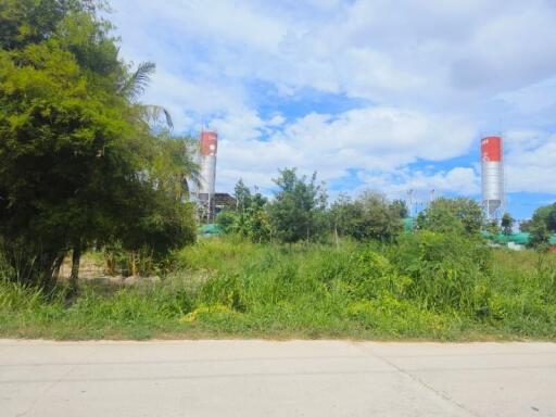 Front yard with greenery and silos in the background