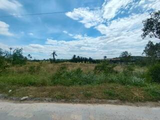 Scenic view of open grassy field with some trees and a clear blue sky