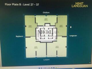 Floor plan of a building showing layout of units on levels 27 to 37