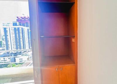 Built-in wooden storage unit with city view