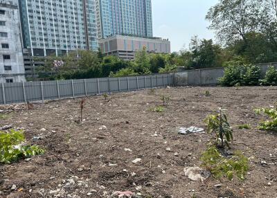 vacant land with some small plants and buildings in the background