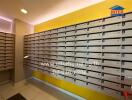 Mailroom with multiple mailboxes in a residential building