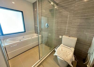 Modern bathroom with bathtub and walk-in glass shower