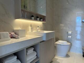 Modern bathroom with sink, toilet, and shelving