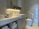 Modern bathroom with sink, toilet, and shelving