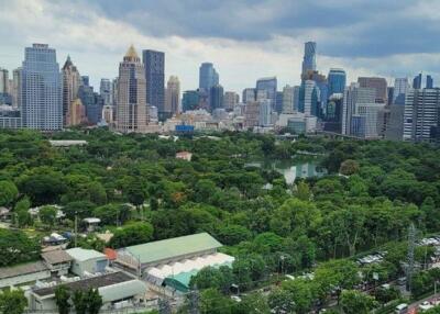 Overhead view of city skyline and green park area