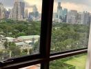 View of city skyline and green park from window