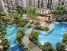 Modern residential complex with landscaped gardens and swimming pool