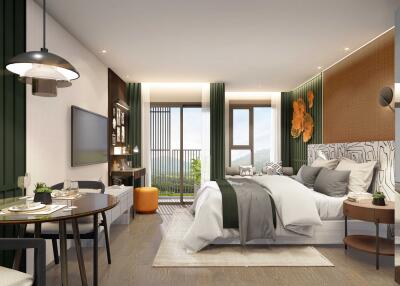 Modern bedroom with stylish decor, featuring a bed, wall-mounted TV, dining table, and large window