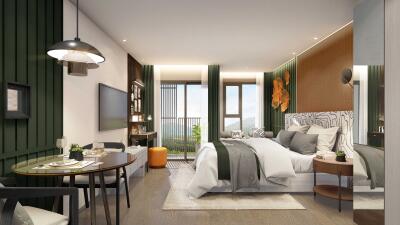 Modern bedroom with stylish decor, featuring a bed, wall-mounted TV, dining table, and large window