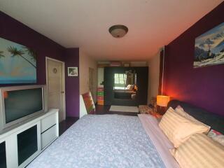 Bedroom with colorful walls, TV, storage cabinets, and a bed with pillows