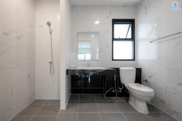 Modern bathroom with a shower, sink, and toilet