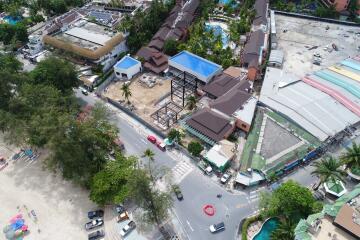 Aerial view of a residential and commercial area