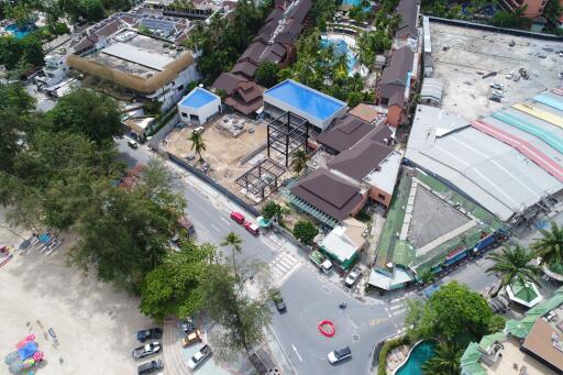 Aerial view of a residential and commercial area