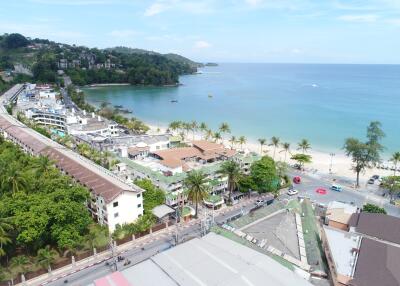 Aerial view of the beachfront with houses and lush greenery
