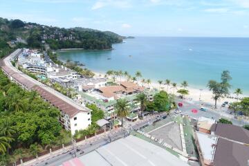 Aerial view of the beachfront with houses and lush greenery