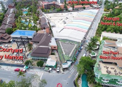 Aerial view of a resort area with labeled buildings