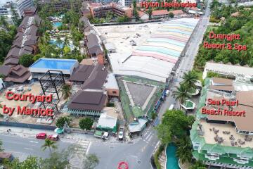 Aerial view of a resort area with labeled buildings