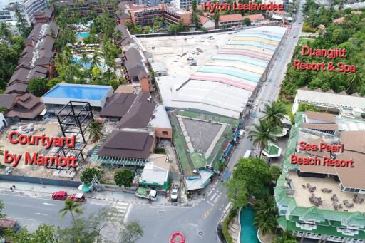 Aerial view of a resort area with labeled buildings