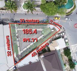 Aerial view of a property with boundary measurements