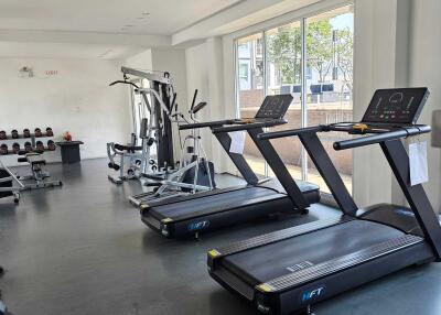 Well-equipped gym with treadmills and weight equipment
