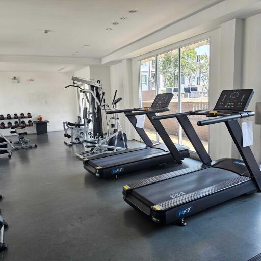Well-equipped gym with treadmills and weight equipment