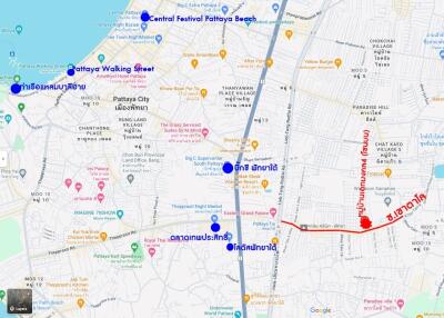 Map showing the vicinity of Pattaya, including streets and key places