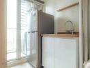 Compact modern kitchen with fridge and sink