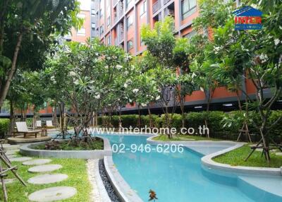 Outdoor area with pool and greenery at a residential building