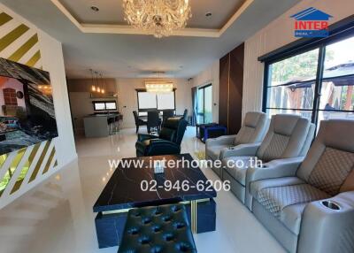 Modern living room with elegant furniture and chandelier