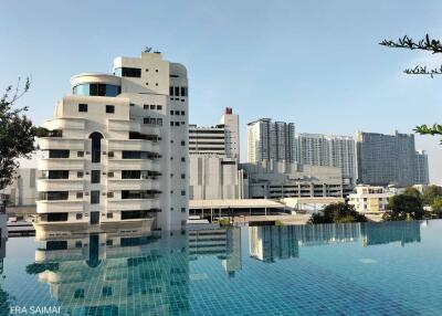 View of modern buildings with a reflecting pool in the foreground