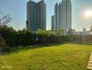 Lawn area with tall buildings in the background