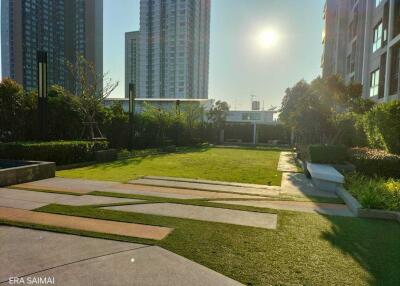 Sunny outdoor garden area with skyscrapers in the background