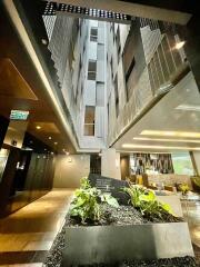 Modern building lobby with indoor plants and contemporary design