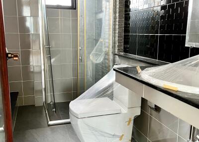 Modern bathroom with a shower enclosure, toilet, and sink