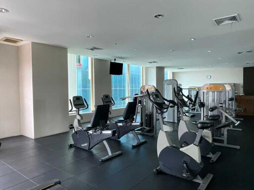 Well-equipped gym with modern exercise machines and large windows