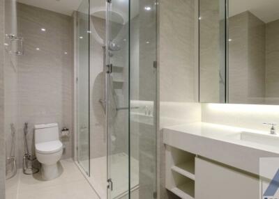 Modern bathroom with glass shower, toilet, and wide countertop sink with mirror cabinets
