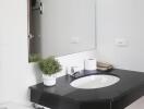 Modern bathroom with black countertop and mirror