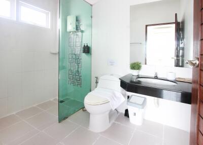Modern bathroom with glass shower, sink, toilet and large mirror