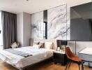 Modern bedroom with large window, marble feature wall, and work desk