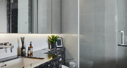 Modern bathroom with sleek fixtures and black marble counter