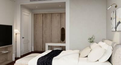 Modern bedroom with neutral design, featuring a bed, lighting, and minimalistic decor