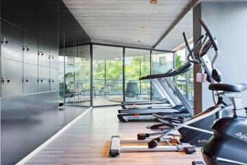 Modern gym with exercise equipment and large windows