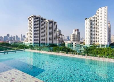 Outdoor pool with cityscape background