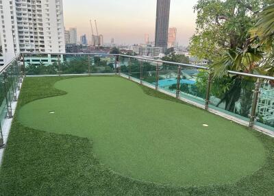 Rooftop view with artificial grass and cityscape