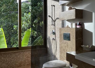 Modern bathroom with large window overlooking greenery, walk-in shower and wall-mounted toilet.